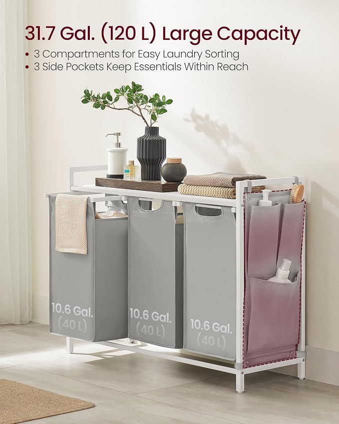 VASAGLE Laundry Hamper with Shelf, 3 Pull-Out Bags, 3 x 10.6 Gallons - Image 3