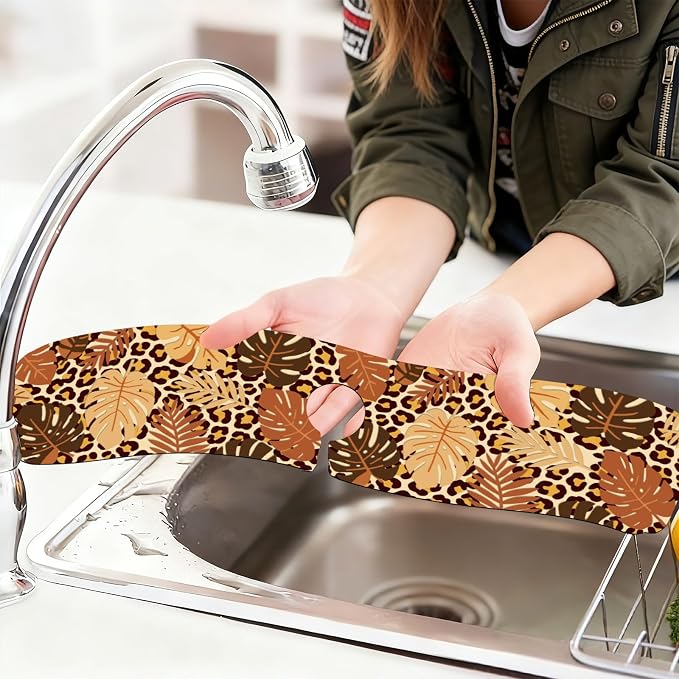 2 Pcs Kitchen Sink Splash Guard Faucet Mat Leopard Print Leaves Faucet Mat - Image 6