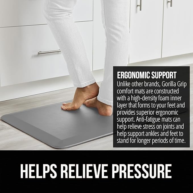 GORILLA GRIP Comfortable Cushioned Kitchen Mats for Floor, Waterproof and Stain Resistant Soft Top, 3/4 Inch Thick Ergonomic Standing Desk Anti Fatigue Mat, Foam Supports Ankles and Feet, 17x24, Grey