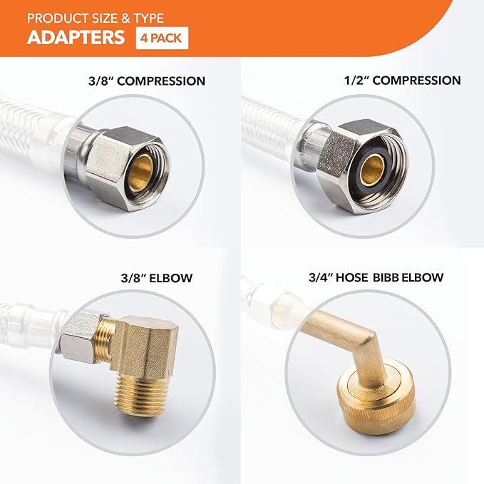 Universal Dishwasher Installation Kit, 3/8" Compression, 4ft long Braided Stainless Steel Hose + 3/4" Hose Bibb Elbow + 3/8" Compression Elbow & Compression Adaptor + 1/2" Compression Adaptor