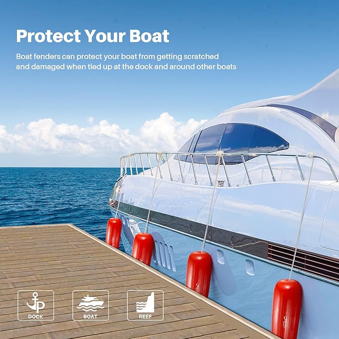 Boat Fenders 4 Pack 10 x 28 Inches Ribbed Center Hole Boat Fenders Bumpers for Docking, Comes with Ropes and Pump to Inflate