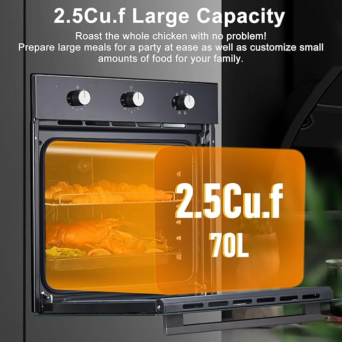 24 Inch Built-in Electric Single Wall Oven, 2.5Cu.ft. Stainless Steel Convection Oven with 8 Cooking Functions, Mechanical Knob Control, Timer, Convection Fan and Safety Lock, 3000W, Black