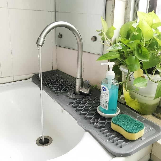 Silicone Faucet Handle Drip Catcher Beveled Drying Tray Mat Dish Soap Sponge - Image 6