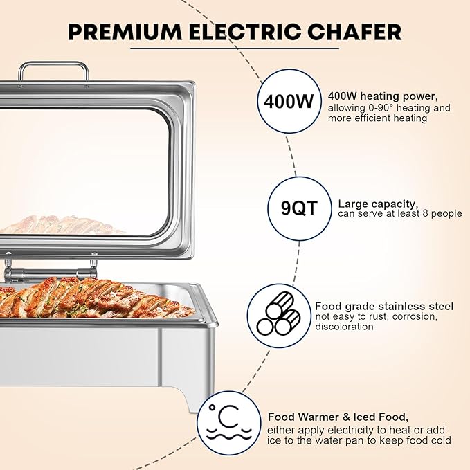 Electric Chafing Dish Buffet Server Set, Stainless Steel Full Size & Half-Size &Three-Section Food Pan with Temp Control, Roll Top Stainless Steel Food Warmers for Catering Buffet (A-01)