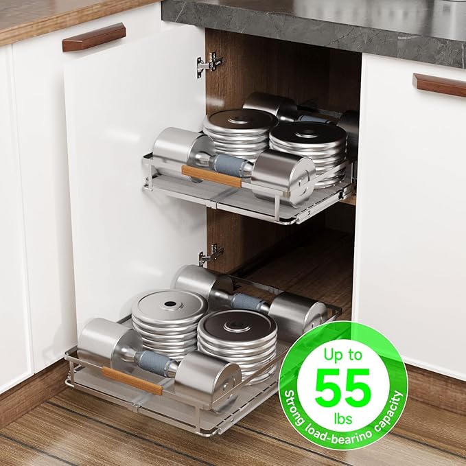 Expandable Pull Out Drawers for Cabinets, Kitchen Cabinet Slide Out Shelves, Adjustable Roll Out Drawers, Stainless Steel, Small 2 Pack, (10.5"-16") W * 22.7"D