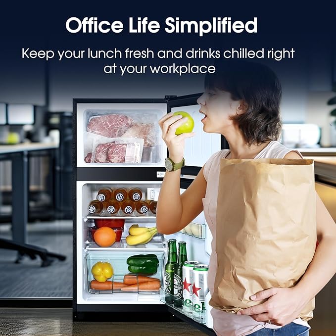 3.2 Cu.Ft Double Door Fridge with Freezer, 2 Door Portable Refrigerator for Bedroom, Office, Dorm and Apartment with 7 Temperature Control, LED Light, Adjustable Remove Glass Shelves, Silver