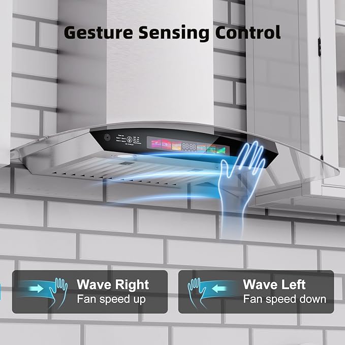30 inch Wall Mount Range Hood Tempered Glass 900 CFM, Voice/Gesture/Touch Control, Stainless Steel Kitchen Hood Vent with 4 Speed Exhaust Fan, Adjustable Lights, Memory Mode