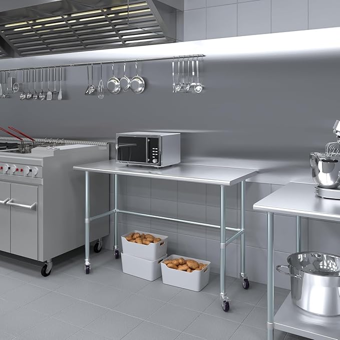 Stainless Steel Work Table Open Base & Wheels | Work Station | Metal Work Bench (Stainless Steel Work Table Open Base + Casters) (60" Long x 24" Deep)