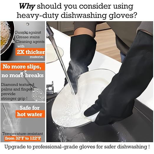 Heavy-Duty Thick Black Rubber Cleaning Gloves, 3 Pairs, M | Reusable & - Image 2