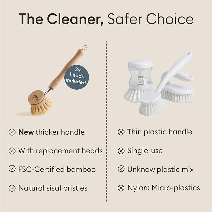 Bamboo Dish Brush with 3 Replacement Heads, Plastic-Free Kitchen Scrub Brush - Image 5