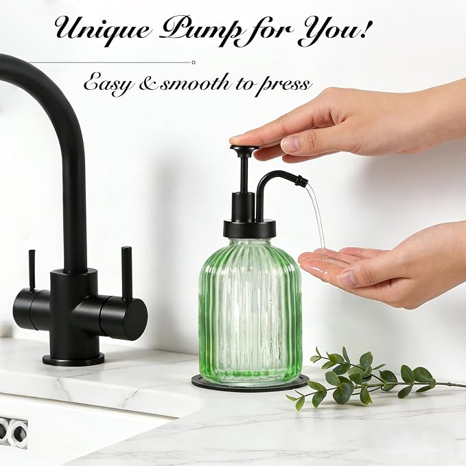 SheeChung 12oz Green Glass Liquid Soap Dispenser, 1 Pack | Elegant Hand Soap - Image 2