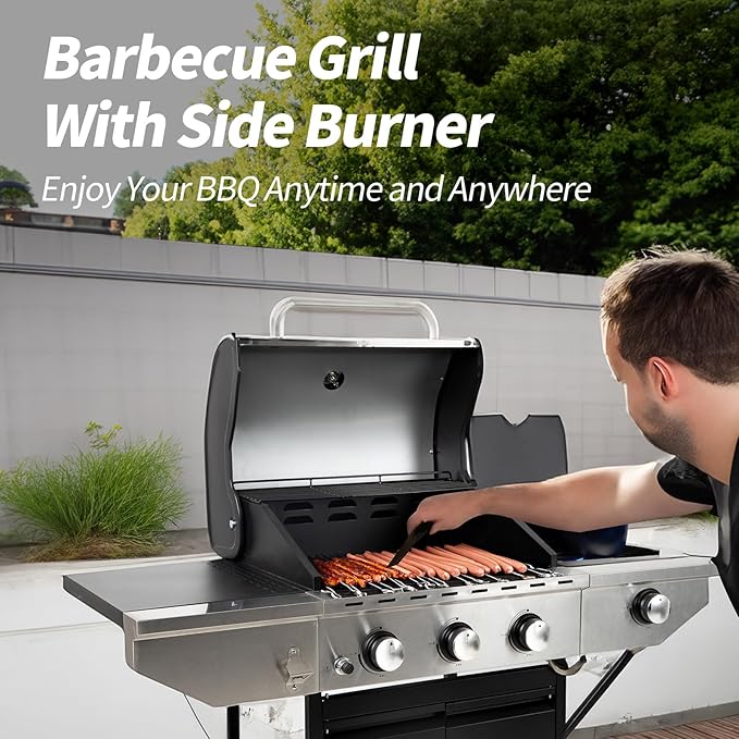 3-Burners Propane Gas Grill Outdoor with Side Burner & Thermometer, Stainless Steel Propane Grill for Outdoor BBQ and Camping, Patio Backyard Barbecue, 33950 BTU Output