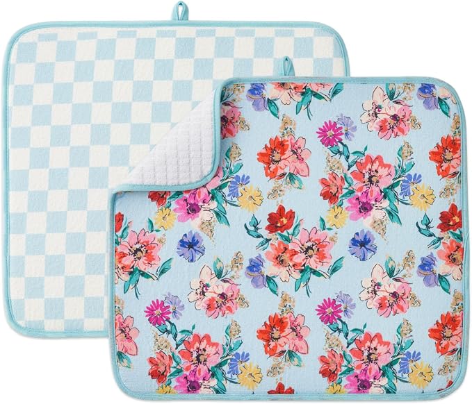FRESHMINT Dish Drying Mats 2 Pack, Checkerboard Floral | Quick Dry, Ultra by FRESHMINT