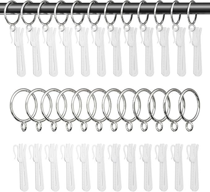 1.5 Inch Curtain Rings with Hooks, 24 Pack Silver Metal Drapery Rings with Pins by GASRONS