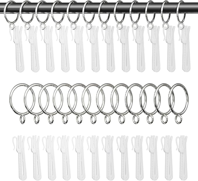 1.25 Inch Curtain Rings with Hooks, 24 Pack Silver Metal Drapery Rings with by GASRONS