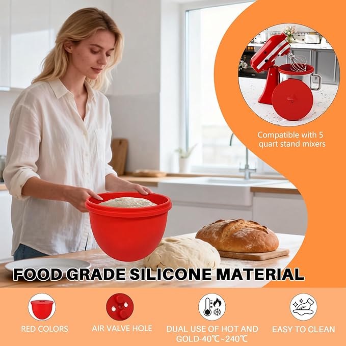 5 Qt Tilt-Head Stand Mixer Silicone Liner - Reusable Easy-Release Bowl Insert, Flexible Baking Tool for Home Bakers (Red)