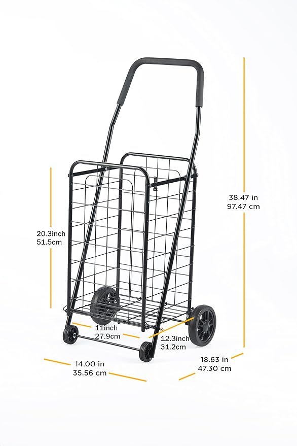Whitmor Foldable Utility Shopping Cart with Wheels, Heavy Duty Metal Grocery Cart, Portable Foam Handle, Rolling Collapsible Trolley for Groceries, Laundry, Storage, Black