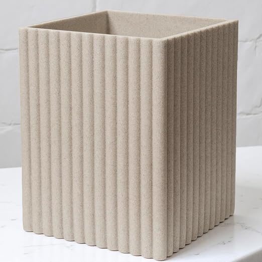 Beige Luxury Stone Bathroom Trash Can, Modern Bathroom Office Trash Can by DoveeDosa