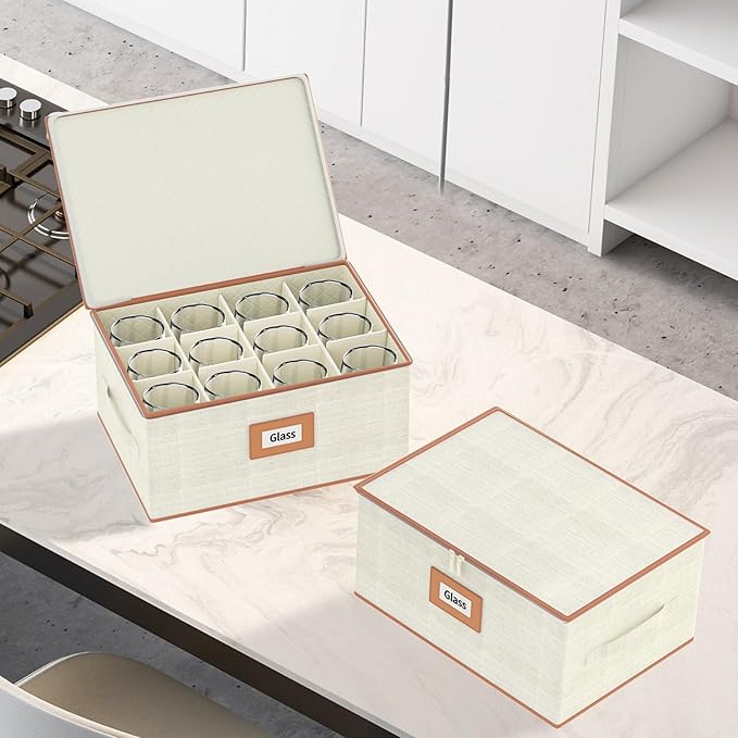 Aokeyee 2-Pack Wine Glass Storage Box with Dividers, Hard Shell Stemware Case Holds 24 Crystal Glasses & Drinkware, for Moving & Protection, Ivory