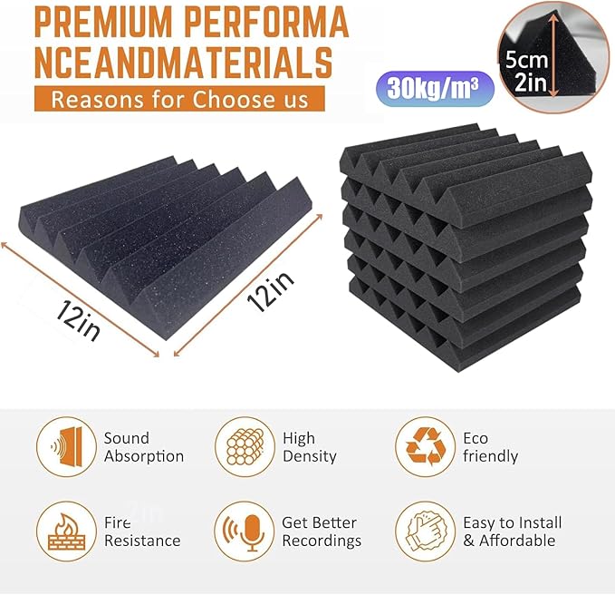 Acoustic Foam Panels 12 Pack 2" x 12"x 12" Saiqiang Soundproofing for Wall Noise Absorbing Sound-Damping Black Sound Insulation Wedges Fire-Resistant Sound Proof for Studio, Office, Gaming Room
