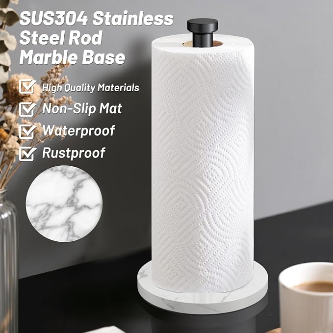 VEHHE Marble Black Paper Towel Holder, Weighted Base & EVA Non-Slip Pad - Image 4