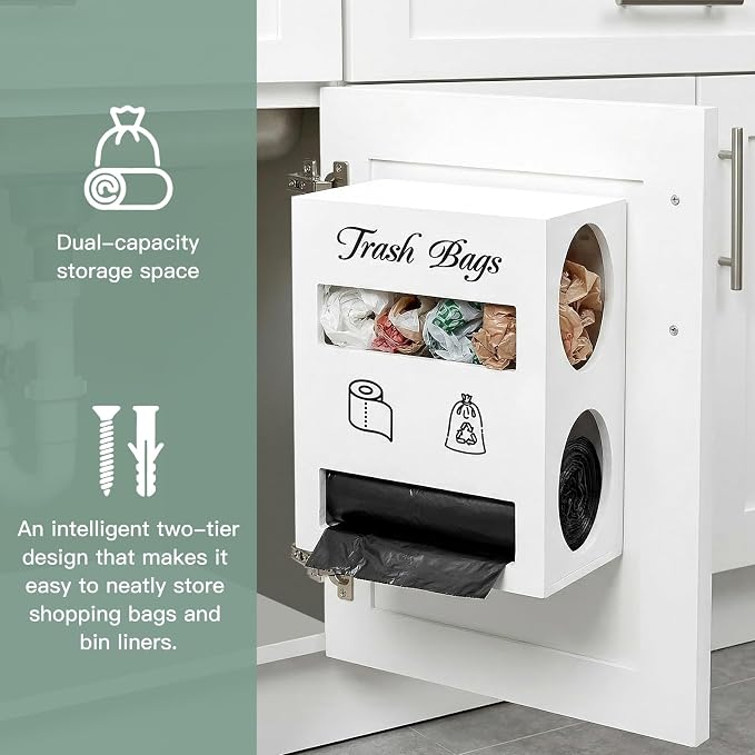 2 in 1 Trash Bag Dispenser, Double Wall Mounted, Wood Trash Bag Holder - Image 4