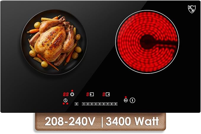 K&H Dual Radiant Electric Cooktop - 12 Inch Built-In Electric Stove Top with 9 Heating Levels - 240V, 3400W Built-in Radiant Ceramic Glass Cooktop - Touch Control, Timer & Child Lock, HCC-3402