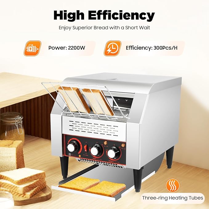 Commercial Conveyor Toaster, 300 Slices/Hour Restaurant Conveyor Toaster with Double Chutes, for Bun Bagel Bread, Heavy Duty Stainless Steel