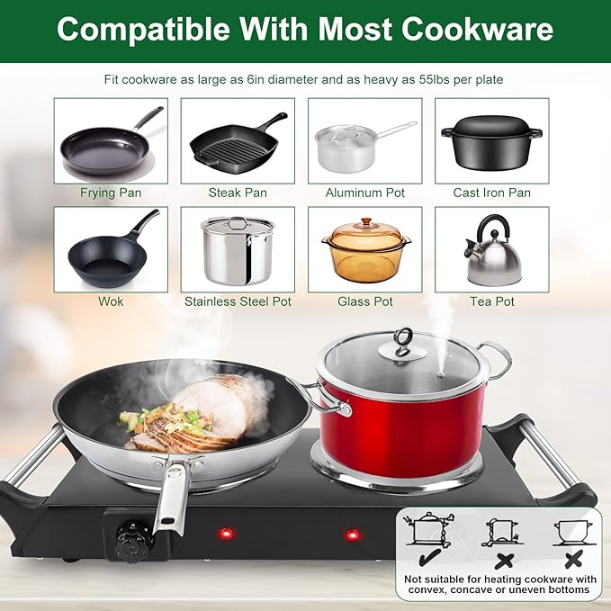 Portable Stove Electric, 2000W Double Burner Electric Cooktop with Coil Hot Plate & Stay Cool Handles, 5 Level Temperature Control, Cooking Stove for Home RV Camping