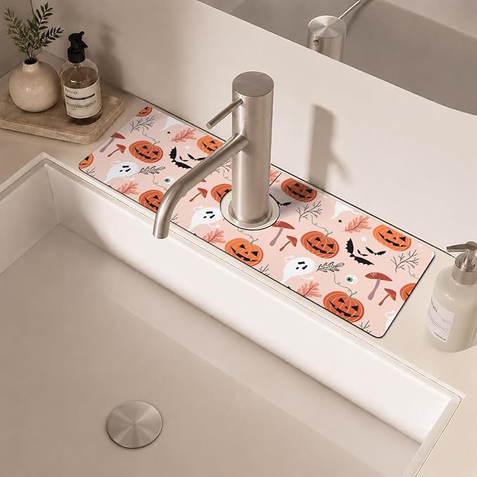 Halloween Kitchen Sink Splash Guard Faucet Mat, Pumpkin Plants Ghost Bat - Image 6