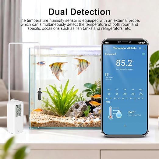 eMylo WiFi Refrigerator Thermometer Hygrometer Sensor, Wireless Freezer Temperature Humidity Monitor with App Alert, Free Data Storage Export, Dual Detection for Home Kitchen Fridge Aquarium Tub