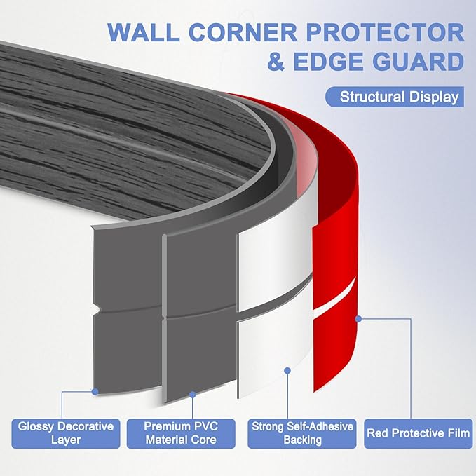 Wall Corner Protector Moulding Trim Peel and Stick Wall Corner Guards Trim Flexible Self Adhesive Edge Protector Moulding, 2.4 in x 10 Ft, Deep Gray Wood