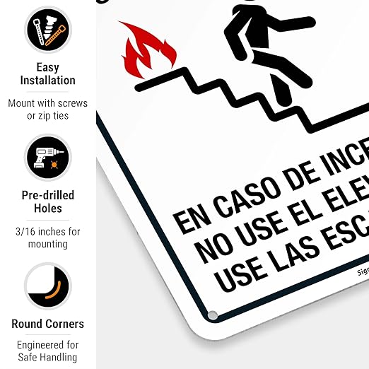 In Case Of Fire Do Not Use Elevator Use The Stairs Bilingual Sign, Fire Safety Sign, 10x7 Inches, Rust Free .040 Aluminum, Fade Resistant, Indoor/Outdoor Use, Made in USA
