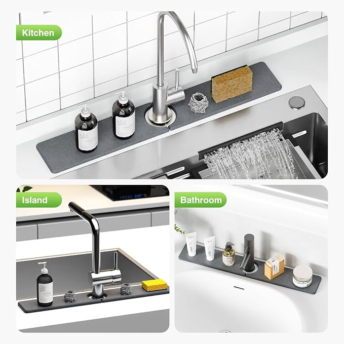 Premium Stone Faucet Mat for Kitchen Sink, 23.6" x 4" Dark Gray | Quick Drying - Image 8