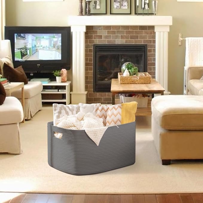 OIAHOMY 96L XXXLarge Woven Rectangle Blanket Basket Living Room Dark Grey - Image 2