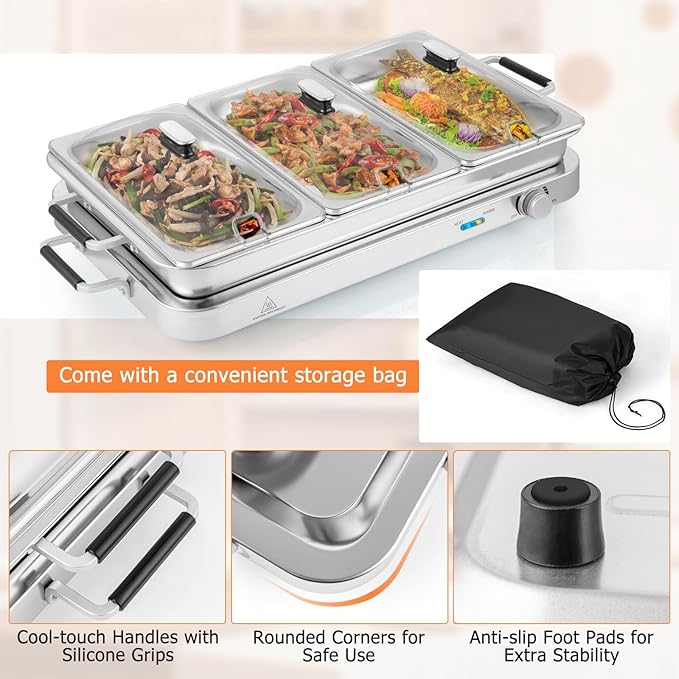 Giantex Buffet Server & Electric Food Warmer, 2-in-1 Food Warming Tray, Adjustable Temperature, 3 Food Pans with Lids, Dishwasher Safe, 8 QT Stainless Steel Chafing Dishes for Parties Holiday Events