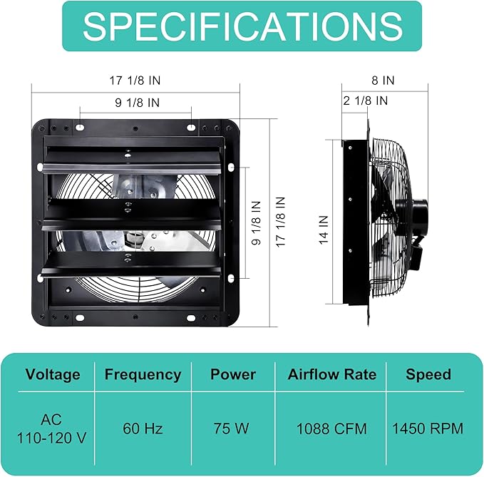 14 Inch Shutter Exhaust Fan, Wall Mount Attic Fan with Power Cord for Greenhouse, Shed, Garage, Barn, Chicken Coop Ventilation, 1088 CFM, Black