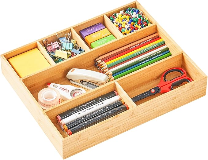 Large Bamboo Desk Drawer Organizer, Wood Office Junk Tray by Umilife