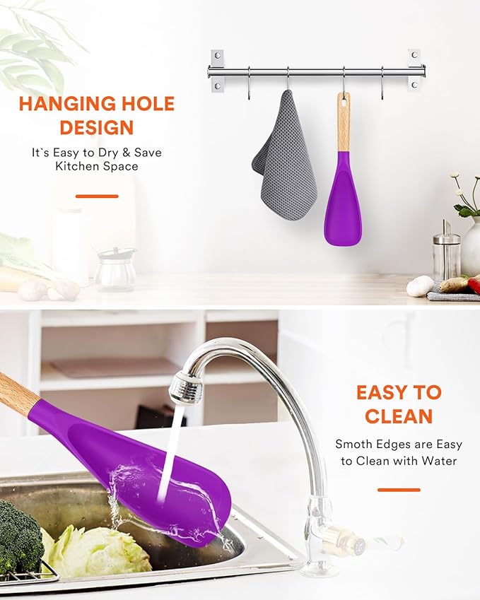 Cooking Spoon for Nonstick Cookwares, Great for Cooking and Serving Sturdy BPA-Free Matte Silicone, Wood Handle Spoon for Mixing, Scoop, and Scrape (BERRY, 11.4 inch)