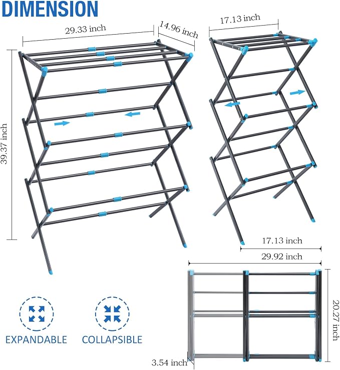 Oversize 3-Tier Clothes Drying Rack, No Install, Graphite | Expandable Design - Image 5