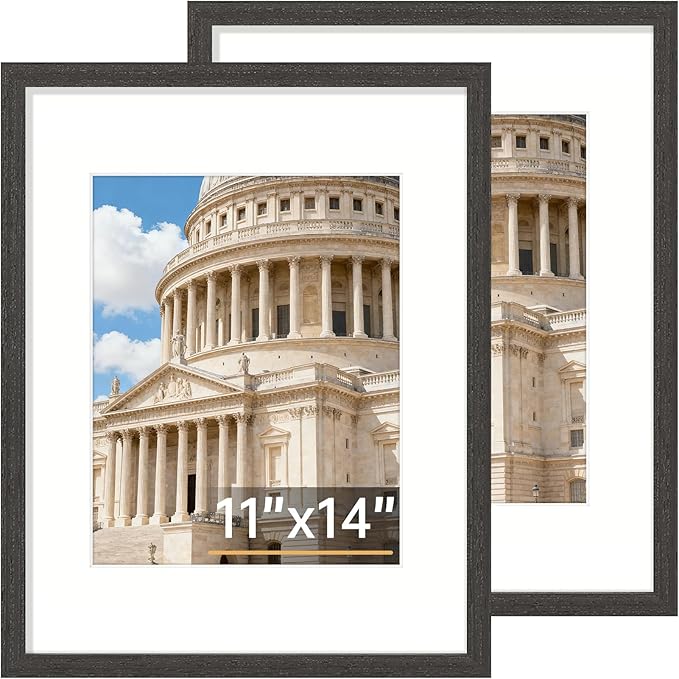 Vittanly 11x14 Picture Frame Set of 2, Solid Wood Frame for Wall Art Photo and Prints, Display Photo 8x10 with Mat or 11x14 without Mat, Black