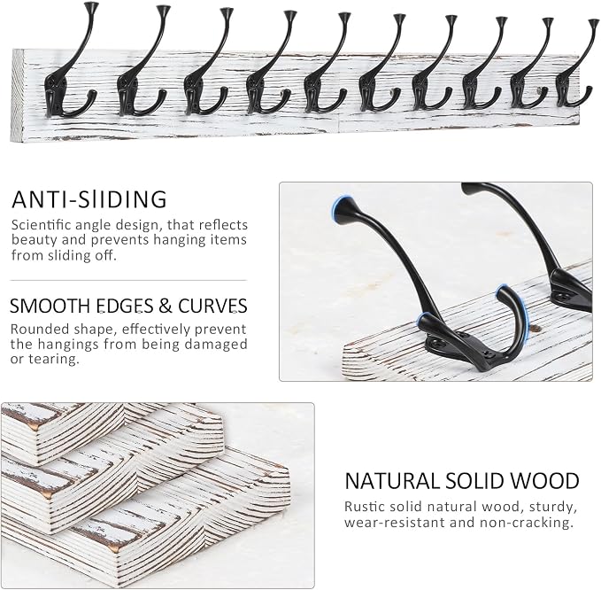 IBosins Vintage White Wall Mounted Coat Rack, Wooden Coat Hanger Wall Mount - Image 2
