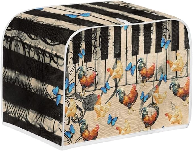 Vintage Rooster Piano Toaster Covers Wide Slot Bread Machine Covers for 2 Slice Toaster Dust Protection Kitchen Decoration