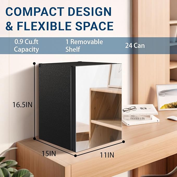 Stopasd Beverage Refrigerator Cooler, 0.9 Cu.Ft/24 Can Drink Fridge with Adjustable Shelves & Mirror Door for Temp Control for Drinks, Skincare, Soda, Beer, Wine - Home, Office, Dorm