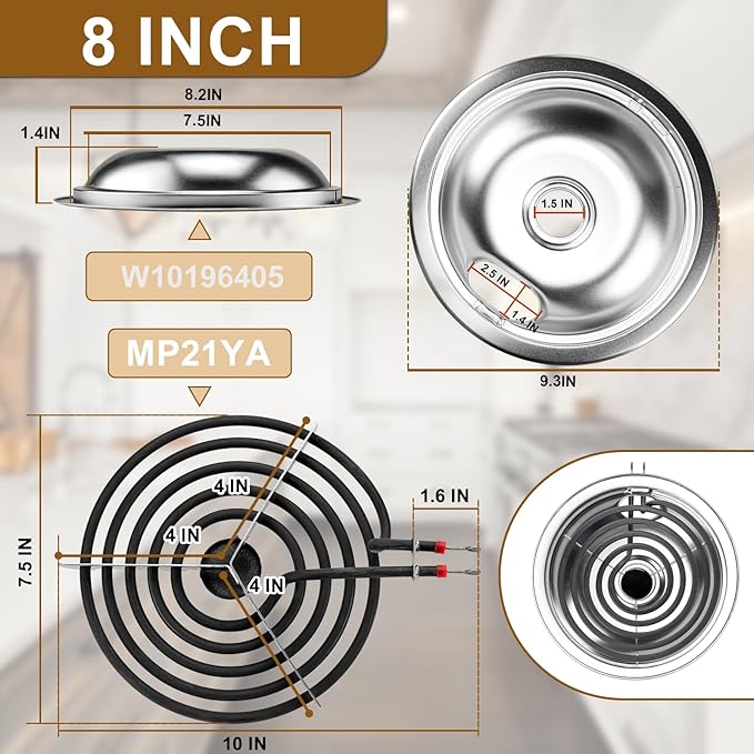 W10196405 W10196406 Electric Stove Burner Drip Pans & MP21YA MP15YA Electric Range Burner Element Unit Set fit for Whirlpool Kenmore Amana Range Oven/Stove by Cenipar