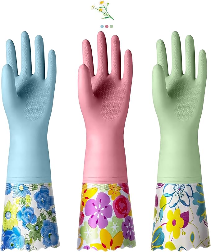 KAQ 3 Pairs Rubber Cleaning Gloves, Reusable Dishwashing Gloves by KAQ