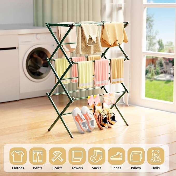 BAKON Foldable Space Saving Clothes Drying Rack, Extendable Rustproof Laundry - Image 3