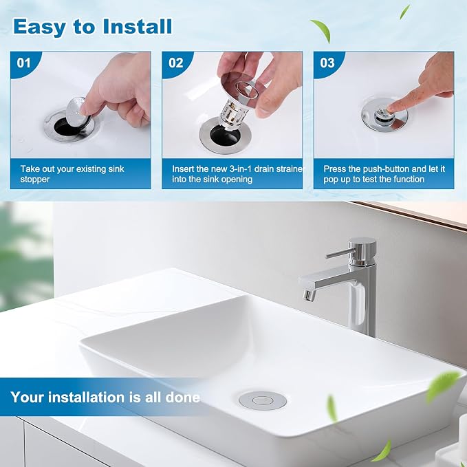 Hibbent Universal Bathroom Sink Drain Strainer, 3 in 1 Pop Up Stopper | - Image 8