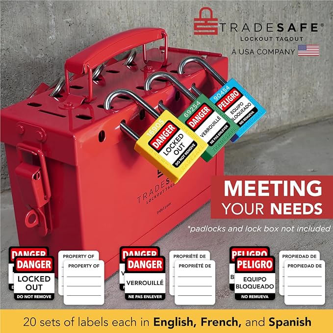 TRADESAFE Lockout Tagout Locks Label, Lock Out Tag Out Padlock Labels in English, Spanish, French, Danger Locked Out, Do Not Remove Loto Locks Stickers