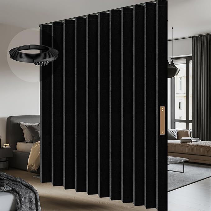 100% Blackout Accordion Room Divider Curtains - with Flexible Ceiling Track Total Privacy Sound Proof Curtains Suitable for Bedroom Patio Sliding Door(Black, W180 x L84, 1 Pack)